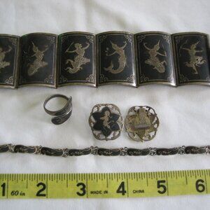 VTG Lot 1940's Siam Dancers Sterling Silver, Bracelets, Clip Earrings, Ring